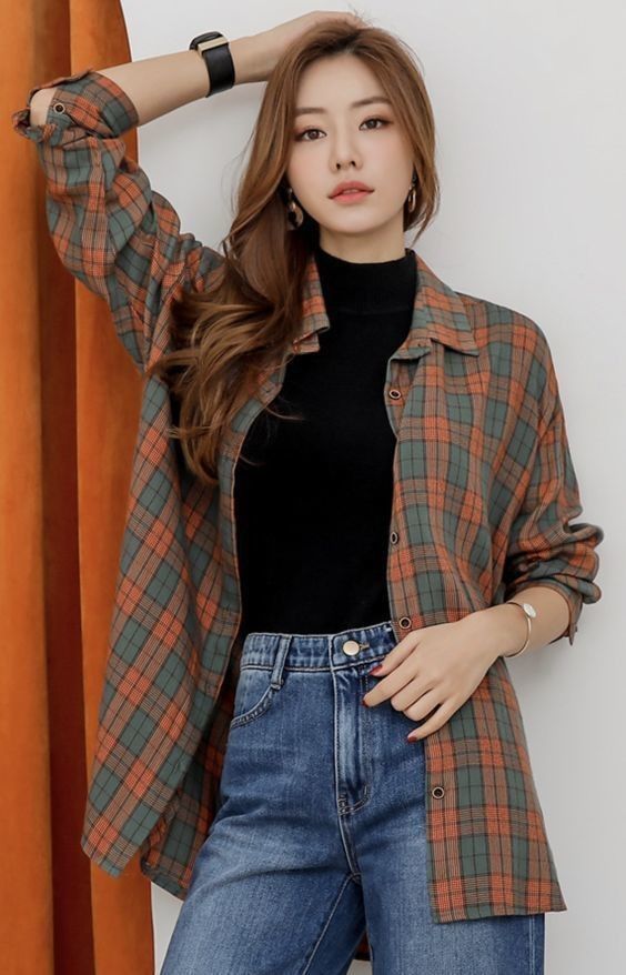 Mix And Match Woman Flannel Shirt With Turtleneck Shirt